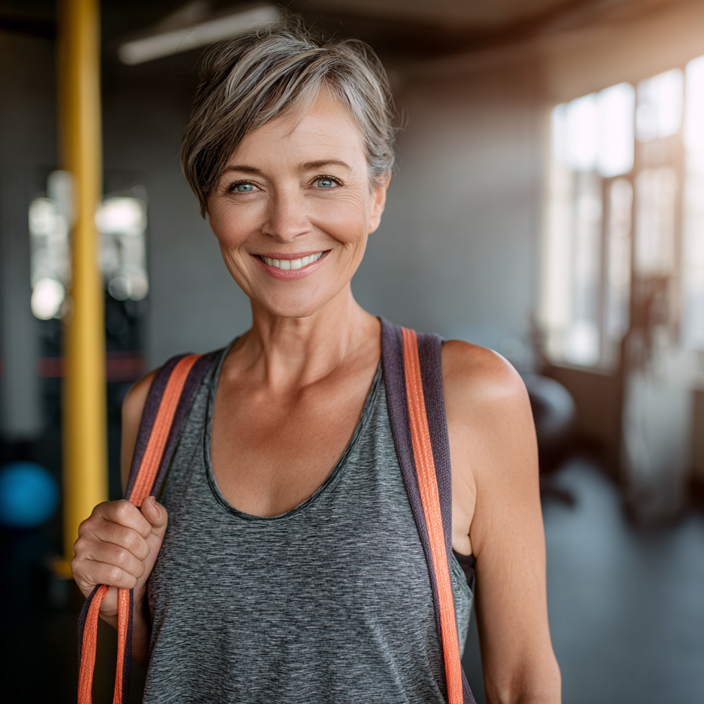 Confident middle-aged woman in her early 50s wearing modern athletic wear, standing in a bright fitness studio with natural lighting, smiling warmly while holding resistance bands, showing determination and vitality